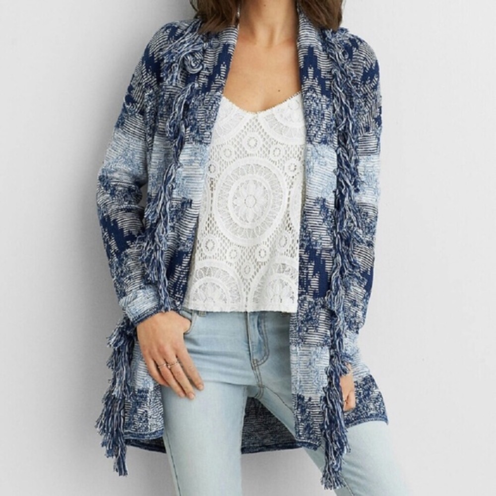AEO open front fringe cardigan.
